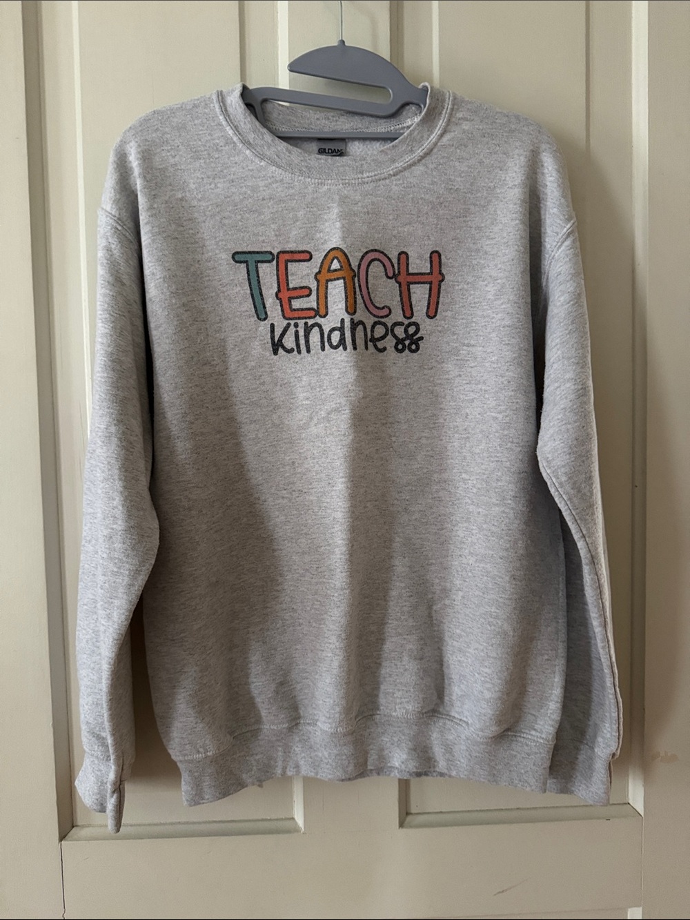 Gildan Gray Crewneck Sweatshirt with Colorful "Teach Kindness" Graphic